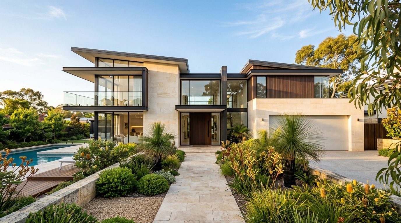 Contemporary Perth home with limestone, native landscaping and a welcoming front path